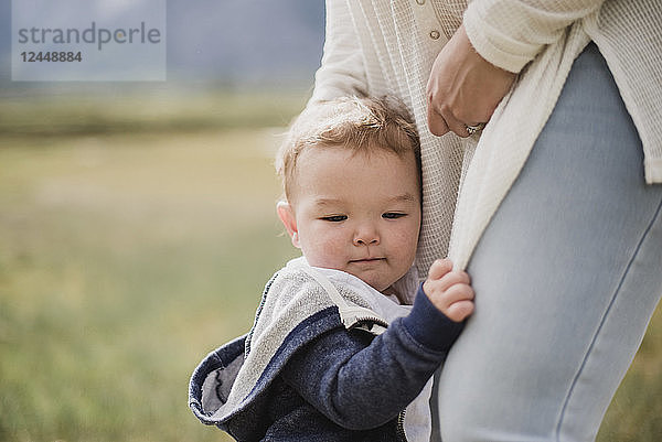 Affectionate baby son clinging to mother s legs