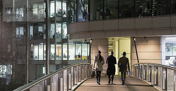Business people walking on urban pedestrian bridge at night