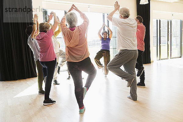 Active seniors exercising  practice yoga tree pose in circle