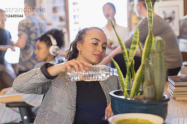 Businesswoman watering cactus plant with bottle water in office