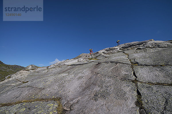 Zwei Wanderer besteigen Felsplatten auf dem Weg zum Gipfel 492  Moskenes??y  Lofoten  Norwegen