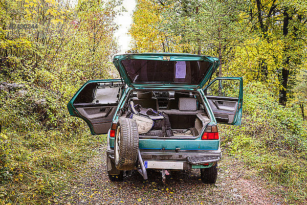 Auto im Wald mit Gepäck im Kofferraum
