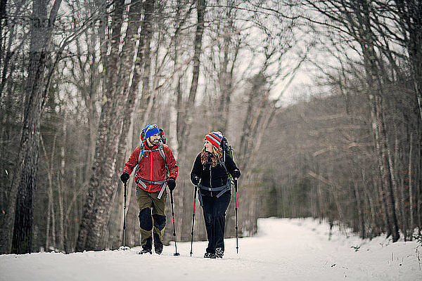 Zwei Menschen wandern im Wald im Schnee