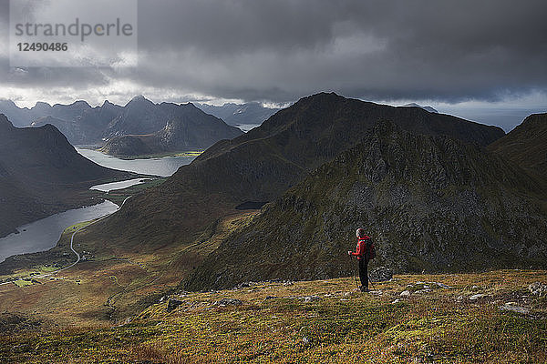 Wanderin auf dem Weg zum Gipfel des Stornappstind (740m)  Flakstad??y  Lofoten  Norwegen