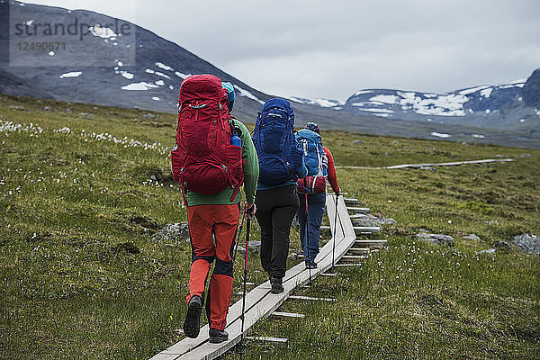 Wanderer gehen auf Holzplanken zwischen Alesjaure und Tj?§ktja  Kungsleden-Weg  Lappland  Schweden