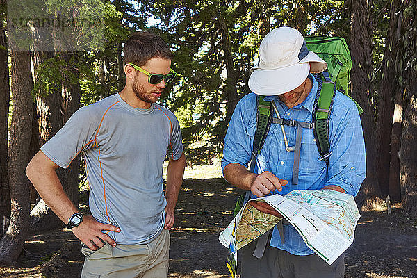 Wanderer beim Überprüfen der Wanderkarte auf dem Timberline Trail  Mount Hood  Oregon