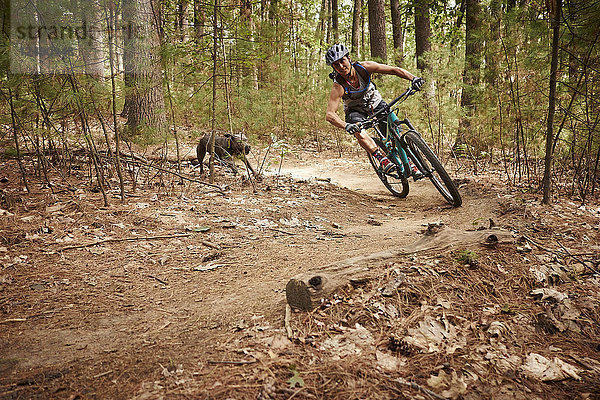 Frau Reiten Mountainbike auf Dirt Track im Wald