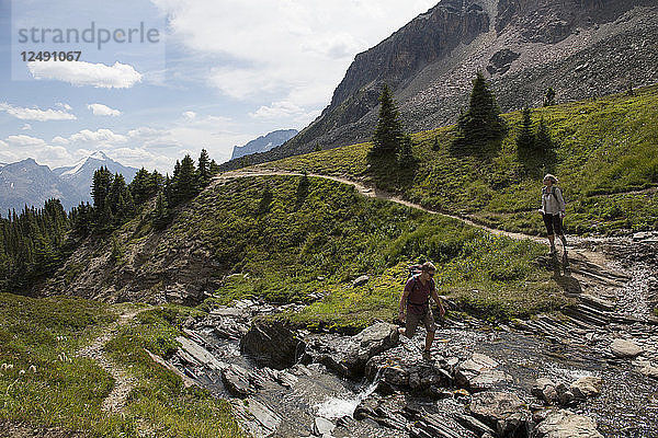 Wanderer hüpfen über Felsen im Bach  Bergwiese
