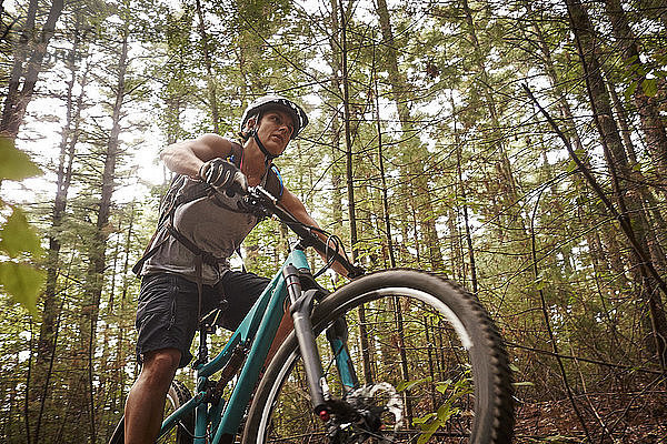 Frau auf Mountainbike im Wald