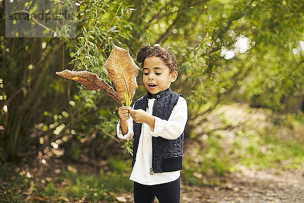 Ein kleines Mädchen  das mit zwei großen Blättern spielt