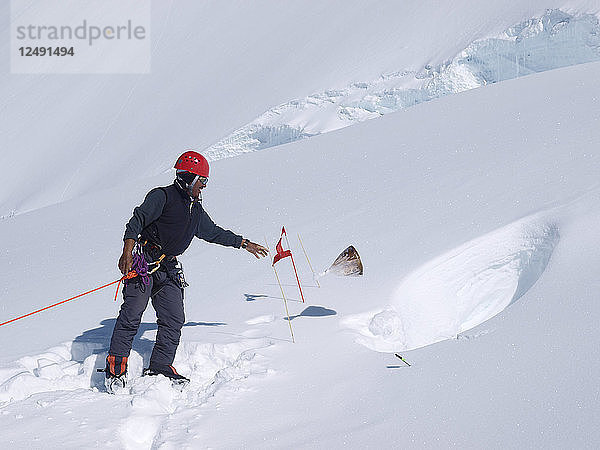 Ein Bergsteiger wirft einen Beutel mit menschlichen Abfällen in eine Gletscherspalte am Mount Denali  Alaska