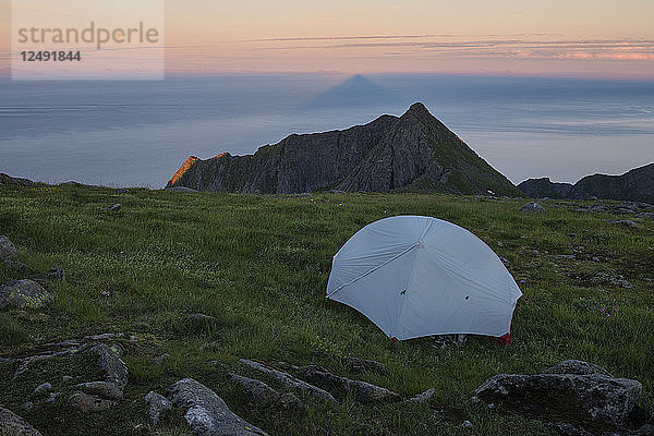 Wildes Zelten auf dem Gipfel des Veinestind  Moskenes??y  Lofoten  Norwegen