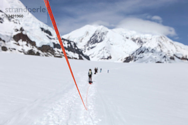 Ein Team von Bergsteigern wird bei der Überquerung des unteren Kahiltna-Gletschers auf dem Weg zum 12.000-Fuß-Lager Mount McKinley in Alaska angeseilt. Das Seil soll verhindern  dass ein Bergsteiger in eine tiefe Gletscherspalte stürzt  wenn eine Schneebrücke plötzlich zusammenbricht. Die anderen Teammitglieder können dann das Seil benutzen  um das Opfer zu retten. Auf den Schlitten transportieren die Alpinisten einen Teil ihrer Ausrüstung  Zelte und Lebensmittel. Der Mount McKinley oder Denali ist der höchste Berg Nordamerikas mit einer Höhe von 6.168 m über dem Meeresspiegel (20.237 Fuß). Mit einer Höhe von rund 5.500 m (18.000 Fuß) ist er der höchste Berg  der vollständig über dem Meeresspiegel liegt. Gemessen an der topografischen Ausdehnung ist er nach dem Mount Everest und dem Aconcagua der drittgrößte Berg. Der McKinley befindet sich in der Alaska Range im Inneren des US-Bundesstaates Alaska und ist das Herzstück des Denali National Park and Preserve.