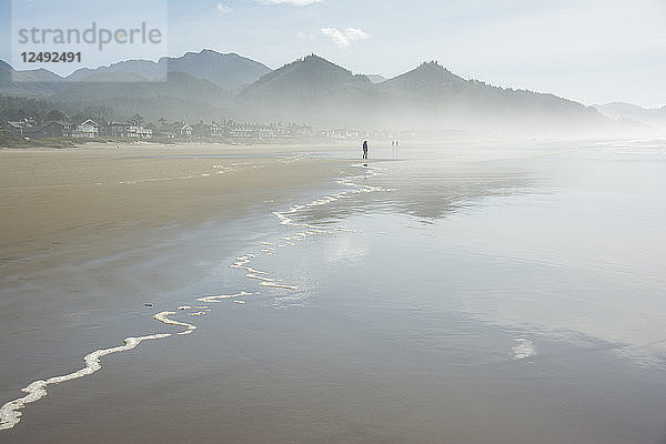 Die Silhouette eines Erwachsenen erkundet die neblige Küste von Cannon Beach  Oregon.