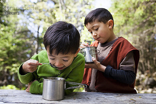Ein 4 Jahre alter japanisch-amerikanischer Junge und sein älterer Bruder  ein 6 Jahre alter japanisch-amerikanischer Bruder  essen beim Zelten auf dem Cyprus Lake Campground  Bruce Peninsula National Park  Ontario  Kanada  aus Edelstahlbechern.