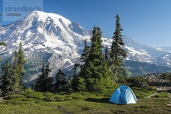 Landschaftlich reizvoller Campingplatz in der Tatoosh Range mit Blick auf den Mount Rainier  Mount Rainier National Park  Paradise  Washington.