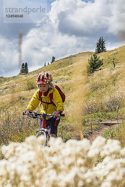 Ein junges Mädchen fährt mit dem Mountainbike den Molas-Pass-Abschnitt des Colorado Trail mit dem Engineer Mountain im Hintergrund  San Juan National Forest  Silverton  Colorado.