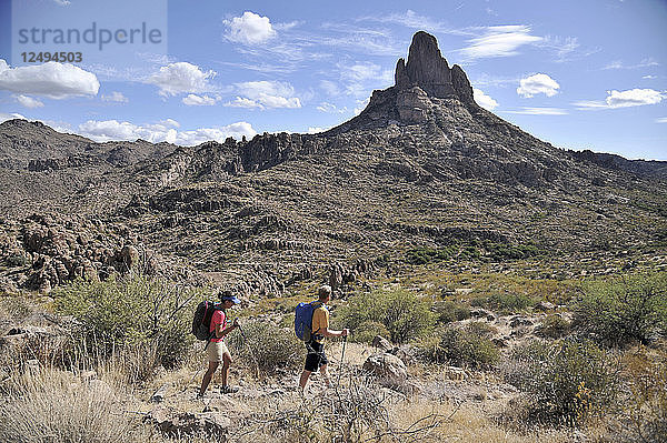 Ein Mann und eine Frau wandern im November 2011 auf dem beliebten Peralta Trail in der Superstition Wilderness Area im Tonto National Forest in der Nähe von Phoenix  Arizona. Der Weg bietet spektakuläre Ausblicke auf Weavers Needle und die raue Sonoran-Wüste.