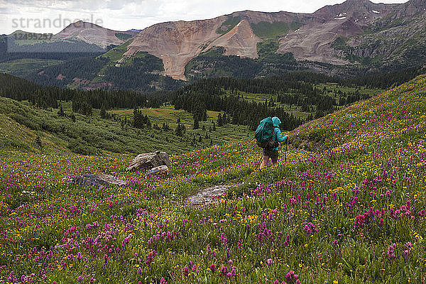 Backpacker Wandern durch Regen und über einen Pass auf dem Colorado Trail in der Nähe von Silverton