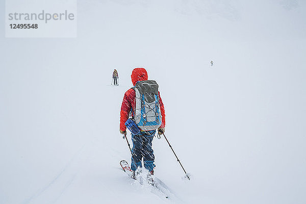 Ein Skifahrer bewegt sich während des Spearhead Traverse in den Coast Mountains von British Columbia  Kanada  schnell durch den Schneefall auf den weißen Horizont zu.
