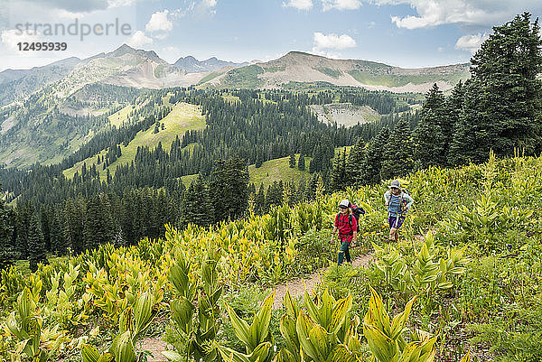 Mutter und Tochter wandern auf dem Colorado Trail in der Nähe des Trout Lake und des Kennnebac-Passes im San Juan National Forest