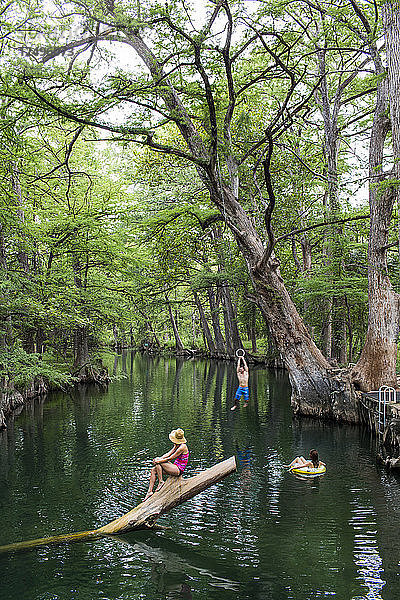 Das Blue Hole in Wimberley  Texas  ist an heißen Sommertagen ein beliebtes Ziel für Touristen und Einheimische. Das klare  kühle Wasser fließt durch Zypressen und bietet eine Zuflucht vor der texanischen Hitze.