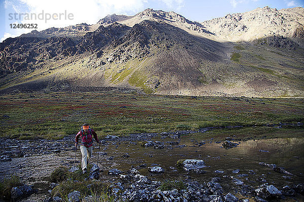 Wanderin überquert den North Fork Campbell Creek unterhalb des Long Lake in den Chugach Mountains nördlich von Anchorage  Alaska August 2011.