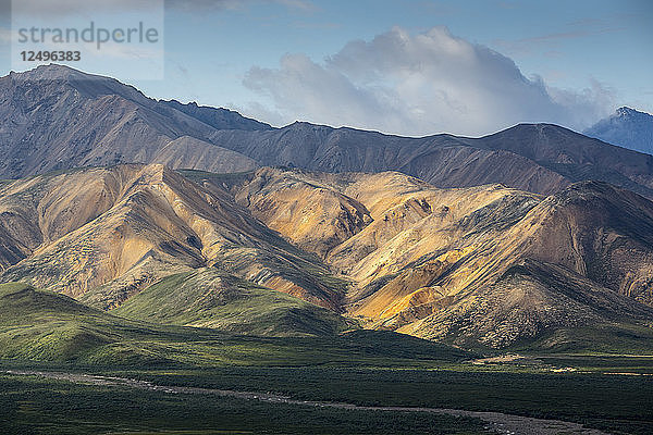 Blick auf den Polychrom-Pass im Denali-Nationalpark  Alaska  an einem sonnigen Tag