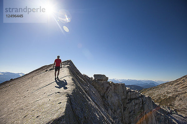 Ein Wanderer geht über einen felsigen Plattenkamm in der Nähe des Gipfels des Cassiope Peak  Pemberton  British Columbia  Kanada.