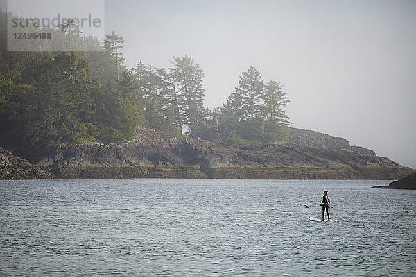 Eine junge Frau paddelt auf einem SUP im Pacific Rim National Park  Vancouver Island  British Columbia