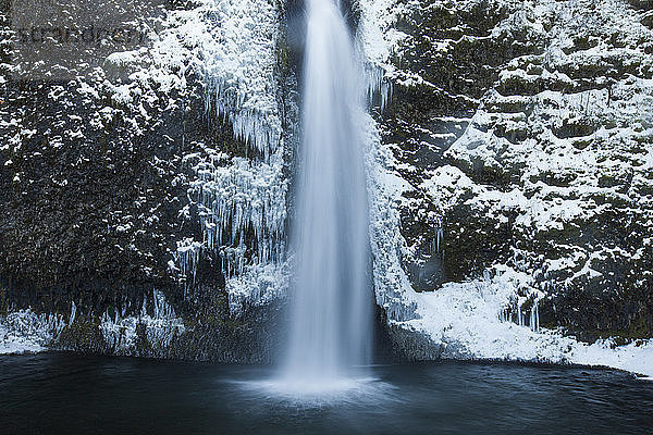Das eisige Wasser des Horestail Creek fließt im Winter über die Horestail Falls  Columbia River Gorge National Scenic Area  Oregon.