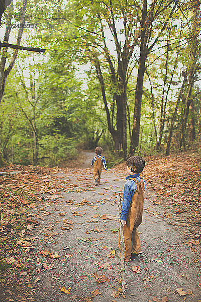Zwei kleine Jungen spielen im Herbst auf einem Kiesweg in einem örtlichen Park.