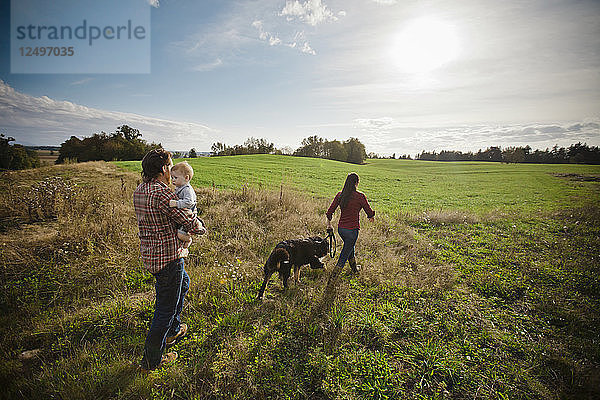 Ein junges Paar spaziert mit seinem Baby und seinem Berner Sennenhund durch ein Grasfeld.