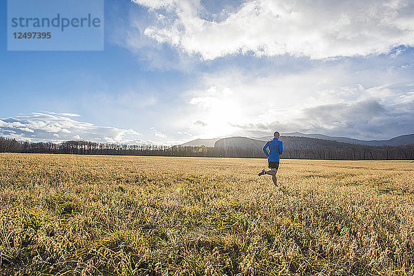 Läufer im blauen Hemd auf einem Feld mit Bergen im Hintergrund