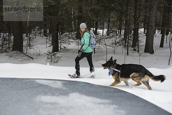 Frau und Hund beim Schneeschuhwandern im Wald.