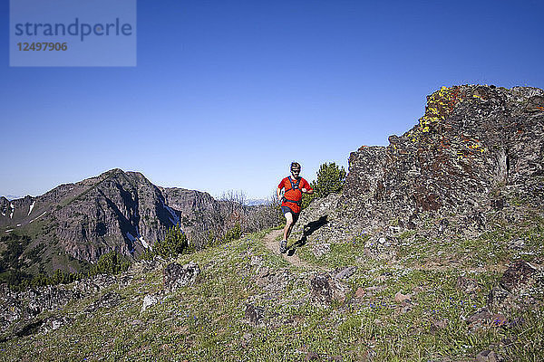 Mann beim Trailrunning auf dem Mount Blackmore Trail im Hyalite Canyon in Bozeman  Montana.