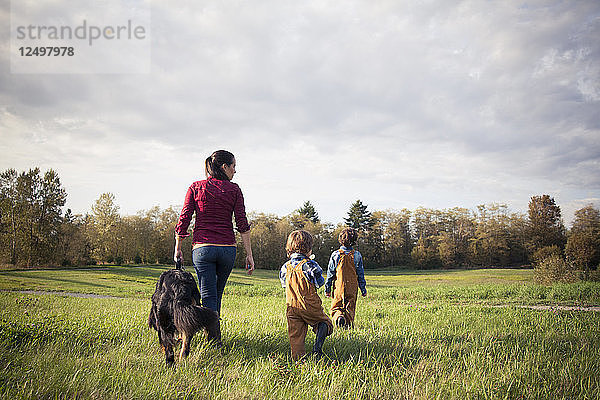 Eine Mutter geht mit ihren beiden Jungen und ihrem Berner Sennenhund über eine Wiese.