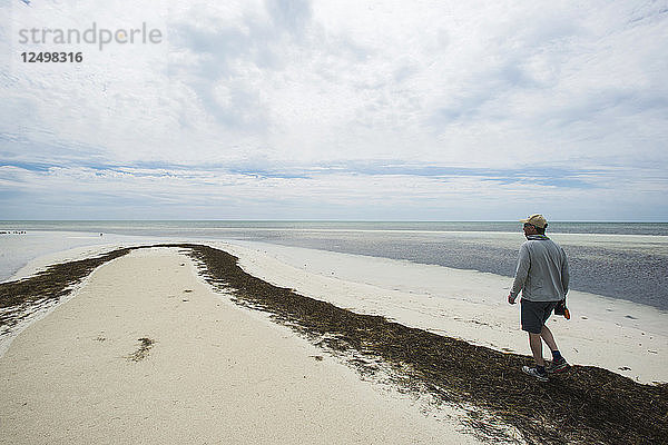 Fischer zu Fuß entlang der Unkraut bedeckten Strand in den Florida Keys