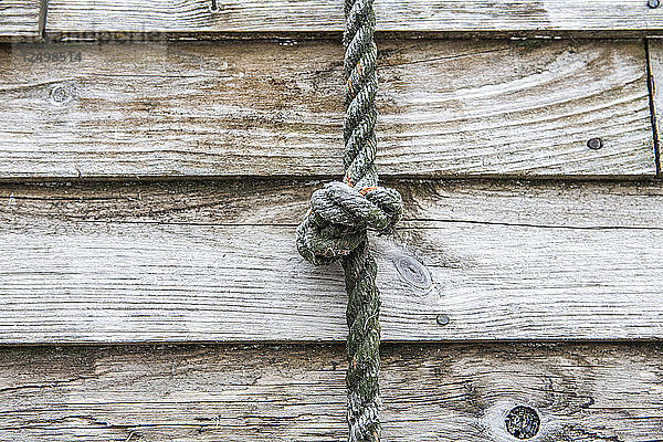 Ein geknotetes Seil hängt an der Wand vor rustikalen  verwitterten Holzplanken in Portland Harbor  Portland Maine.