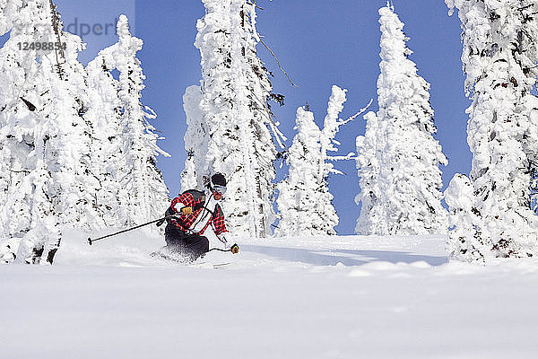 Männlicher Skifahrer Skifahren im frischen Pulverschnee in Whitefish  Montana  USA