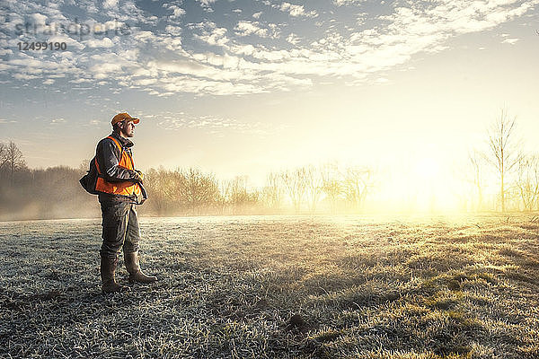 Jäger blickt über die sonnenbeschienene Wiese am frostigen Morgen  in der Nähe von Kraljevo  Serbien. Aufgenommen bei der Jagd auf Fasane.