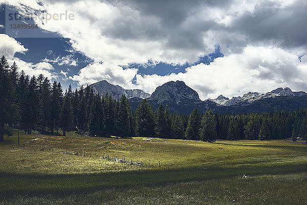 Blick auf die Berggipfel des Durmitor-Gebirges von einem Schwarzen See aus.