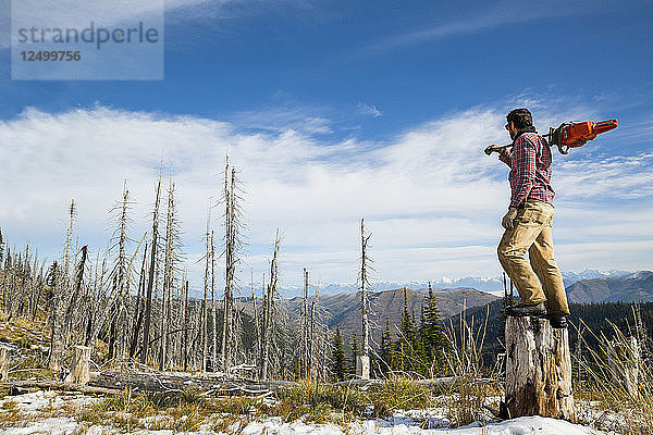 Mann steht auf Baumstumpf und hält Kettensäge beim Camping in Montana
