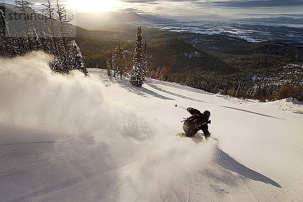 Ein männlicher Skifahrer Skifahren auf einem Pulver verschneite Landschaft in Whitefish  Montana  USA