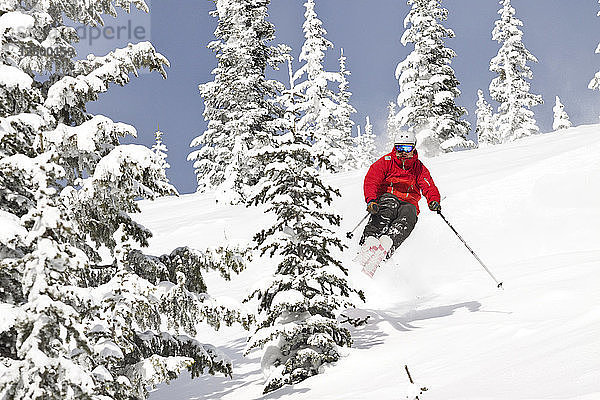 Männlicher Skifahrer springt auf verschneiter Landschaft im Whitefish Mountain Resort in Whitefish  Montana