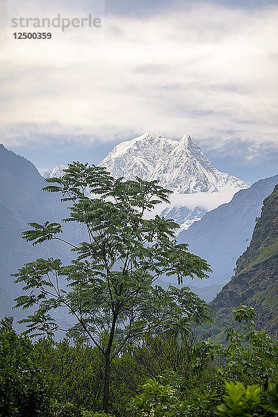 Die schneebedeckten Gipfel des Annapurna South vom Trekking-Rundweg in Nepal aus gesehen