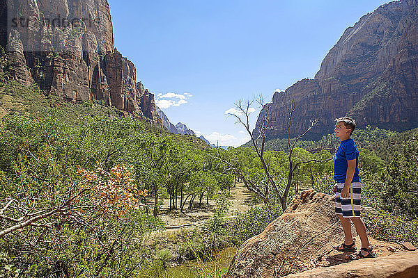 Ein Junge wandert auf einem Pfad im Zion Canyon National Park