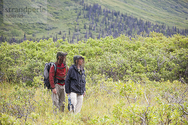 Liana und Parmenter Welty wandern mit Moskitoschutz im Donoho Basin im Wrangell-St. Elias National Park  Alaska.