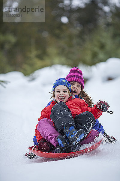 Porträt von zwei lächelnden Kindern  die auf einer verschneiten Landschaft Schlitten fahren