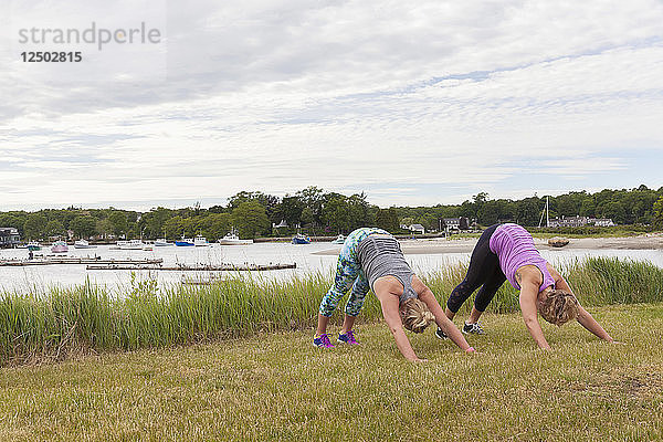 Zwei Frauen  die draußen auf der Wiese in der Nähe des Wassers Yoga machen.